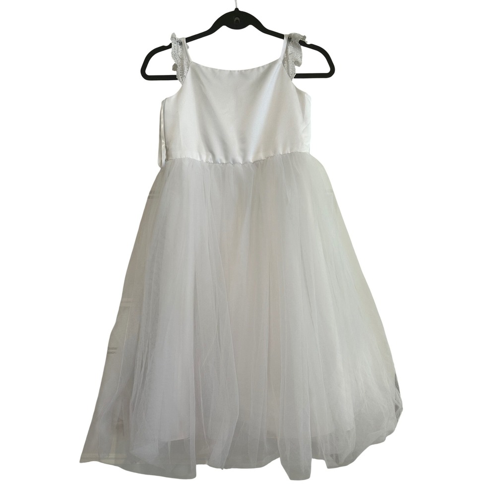 David's Bridal Tulle Dress Girls White Lace Sleeve Flower Girl 8